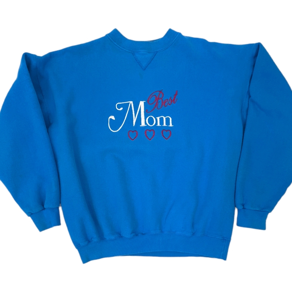 Vintage 80s 90s Best Mom Sweatshirt Embroidered Blue Womens XL Made in USA - Picture 5 of 12